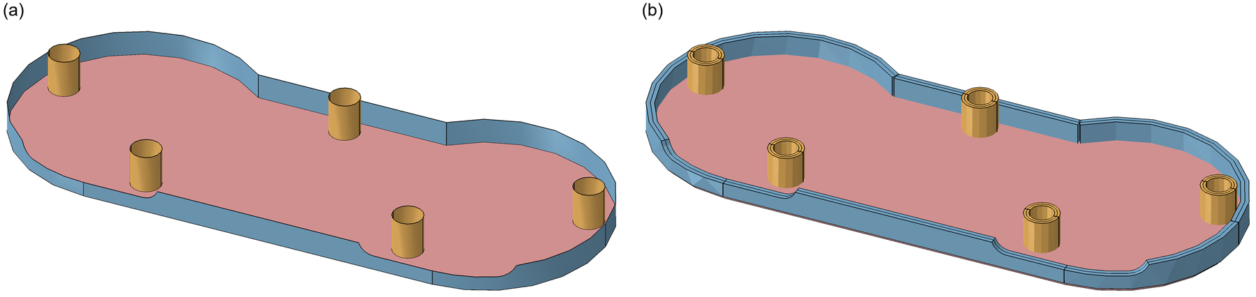 Floor (red), walls (blue) and bosses (orange). (a) Surfaces from the STEP. (b) Shell thickness rendered.